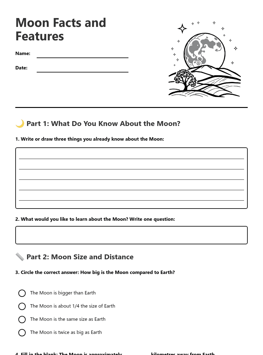 Moon Facts and Features worksheet preview