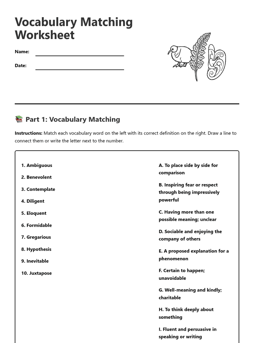Vocabulary Matching Worksheet