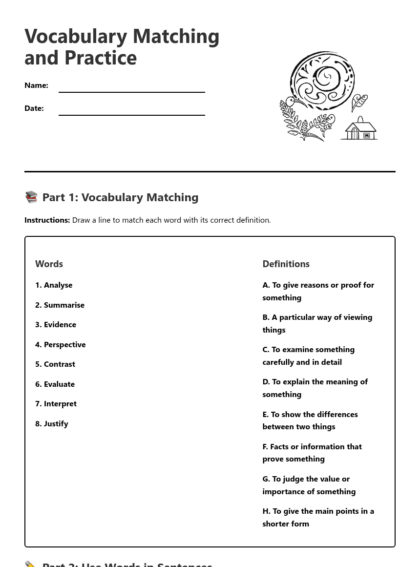 Vocabulary Matching and Practice worksheet preview