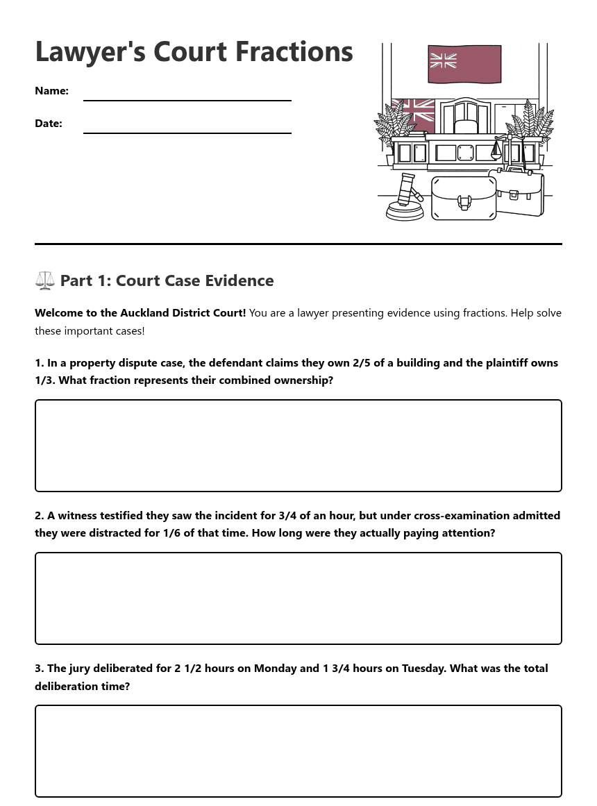 Lawyer's Court Fractions worksheet preview