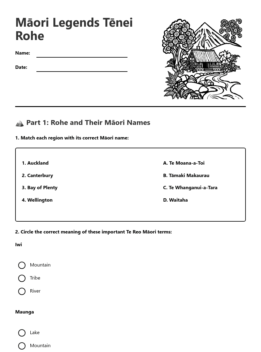 Māori Legends Tēnei Rohe worksheet preview