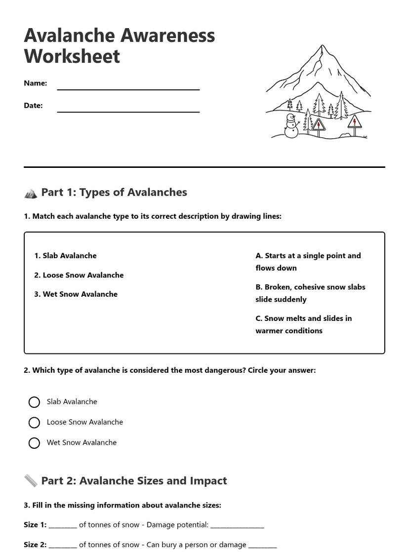 Avalanche Awareness Worksheet