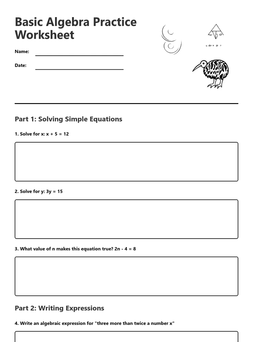 Basic Algebra Practice Worksheet