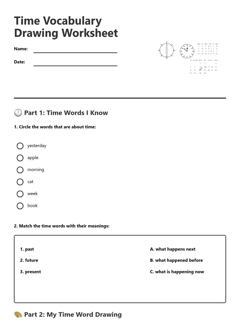 Time Vocabulary Drawing Worksheet