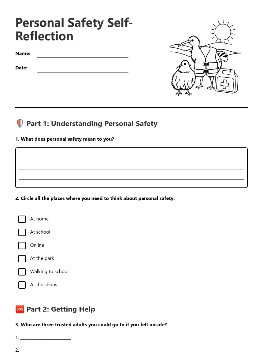 Personal Safety Self-Reflection worksheet preview