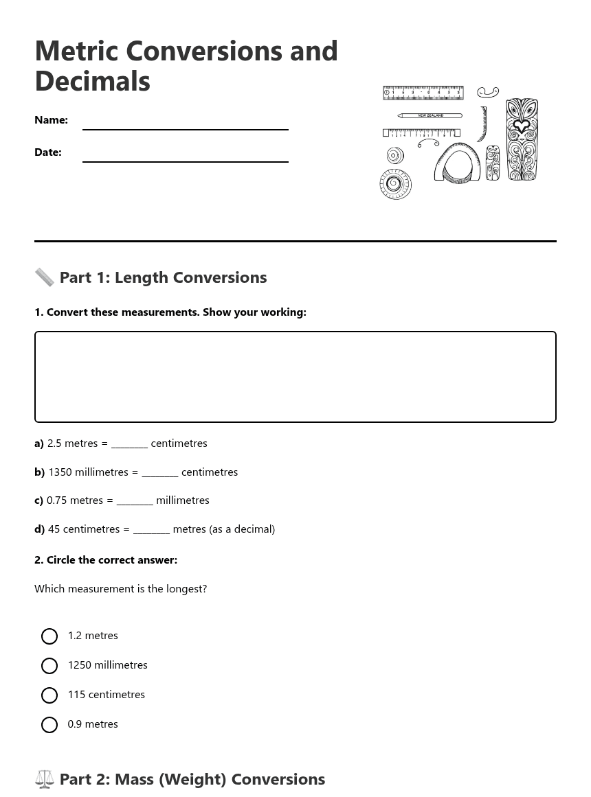 Metric Conversions and Decimals worksheet preview