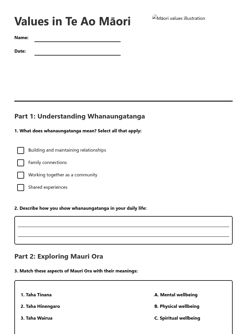 Values in Te Ao Māori worksheet preview
