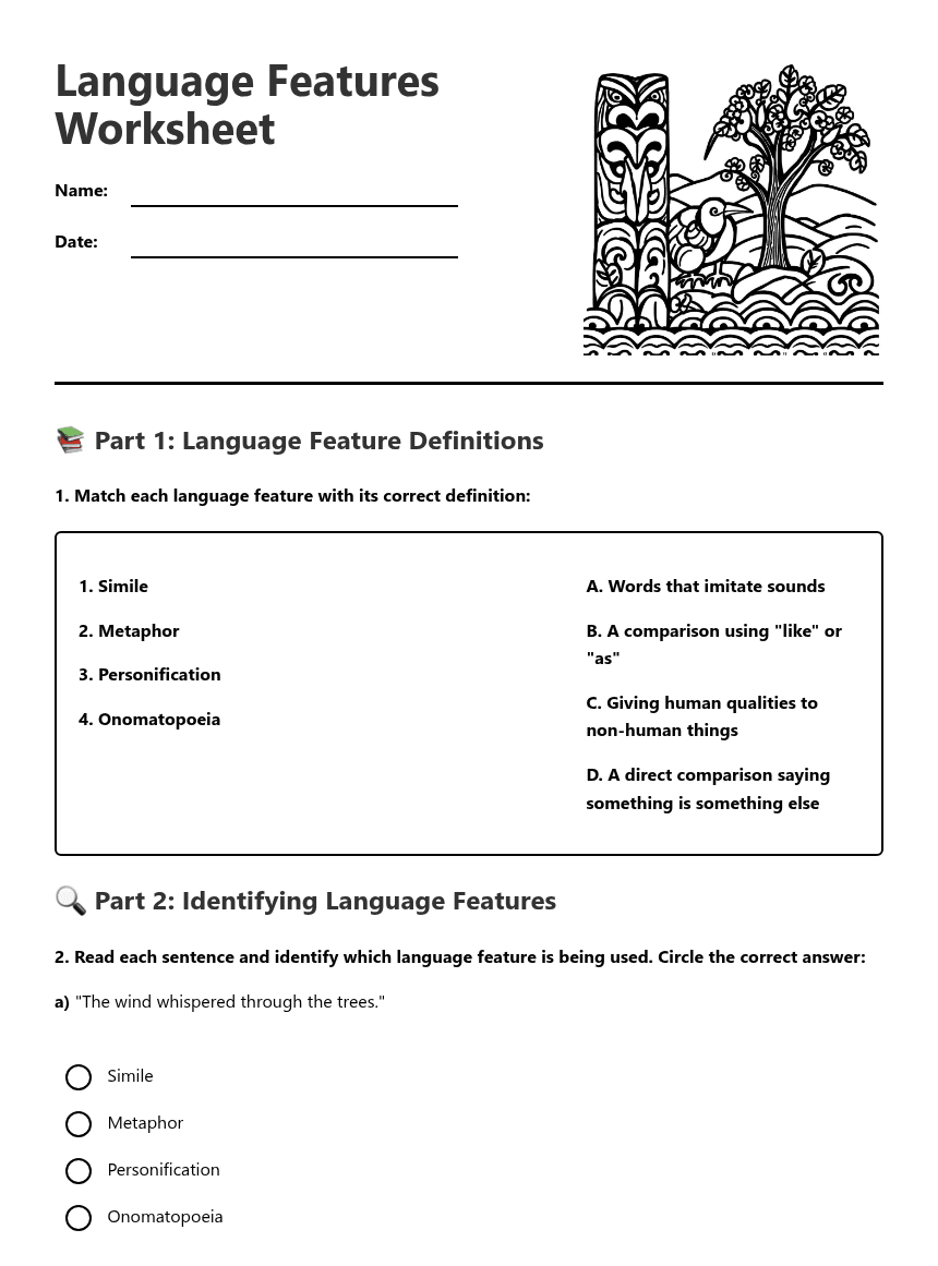 Language Features Worksheet worksheet preview