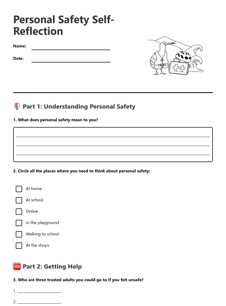 Personal Safety Self-Reflection worksheet preview