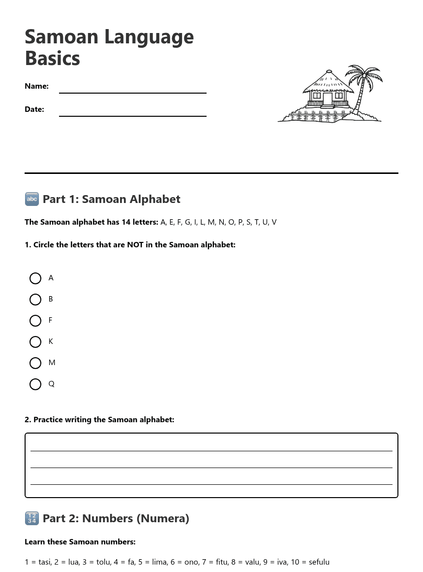 Samoan Language Basics worksheet preview