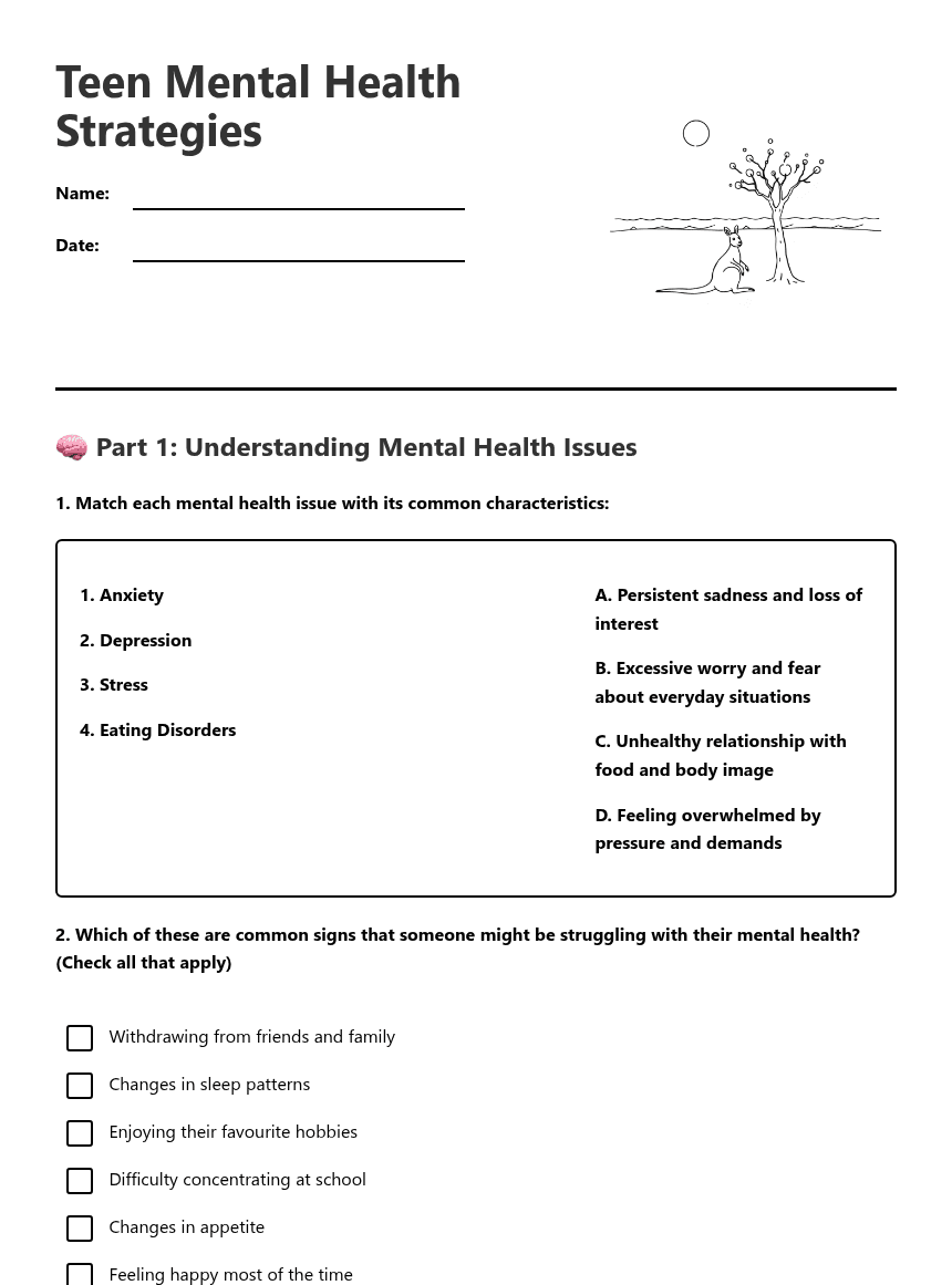 Teen Mental Health Strategies worksheet preview