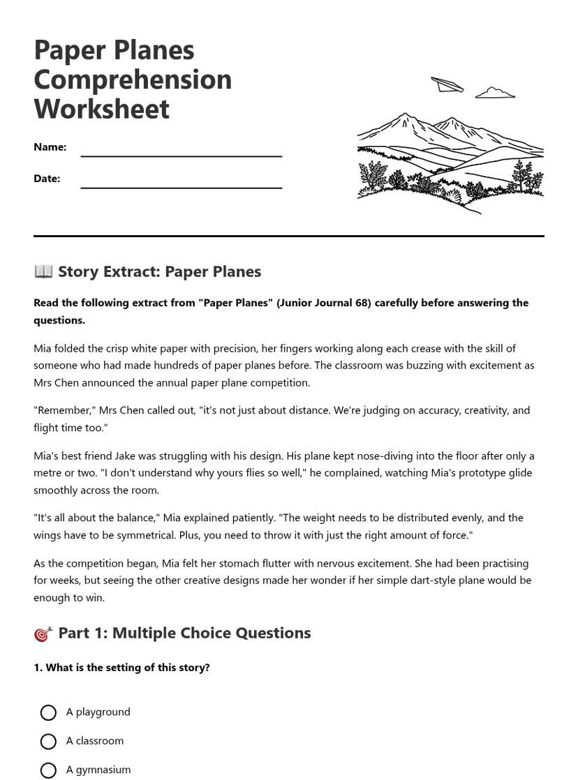 Paper Planes Comprehension Worksheet