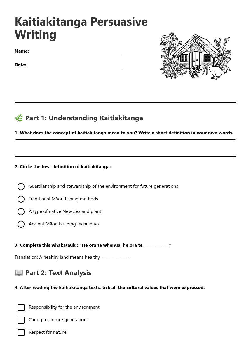 Kaitiakitanga Persuasive Writing worksheet preview