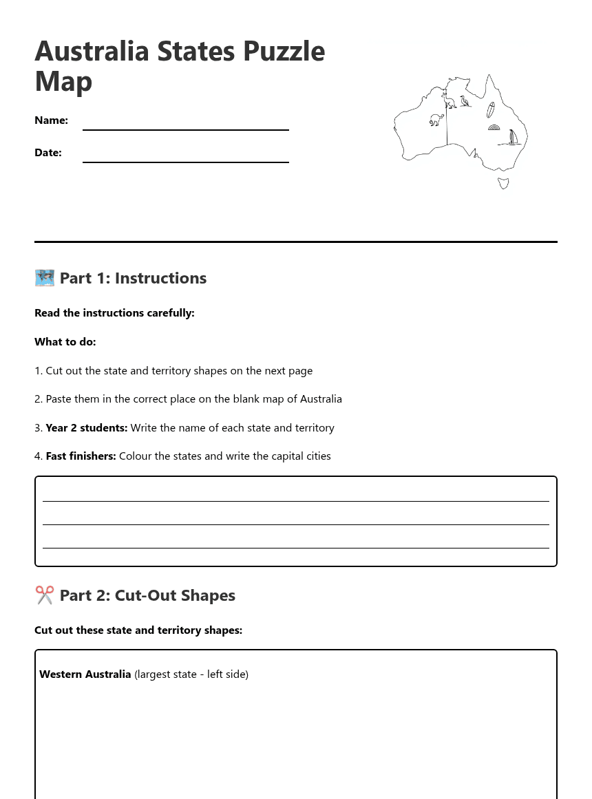 Australia States Puzzle Map worksheet preview