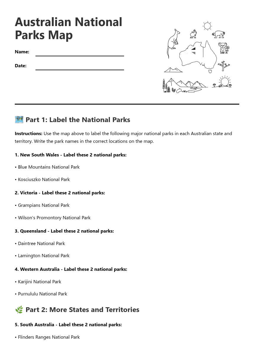 Australian National Parks Map worksheet preview