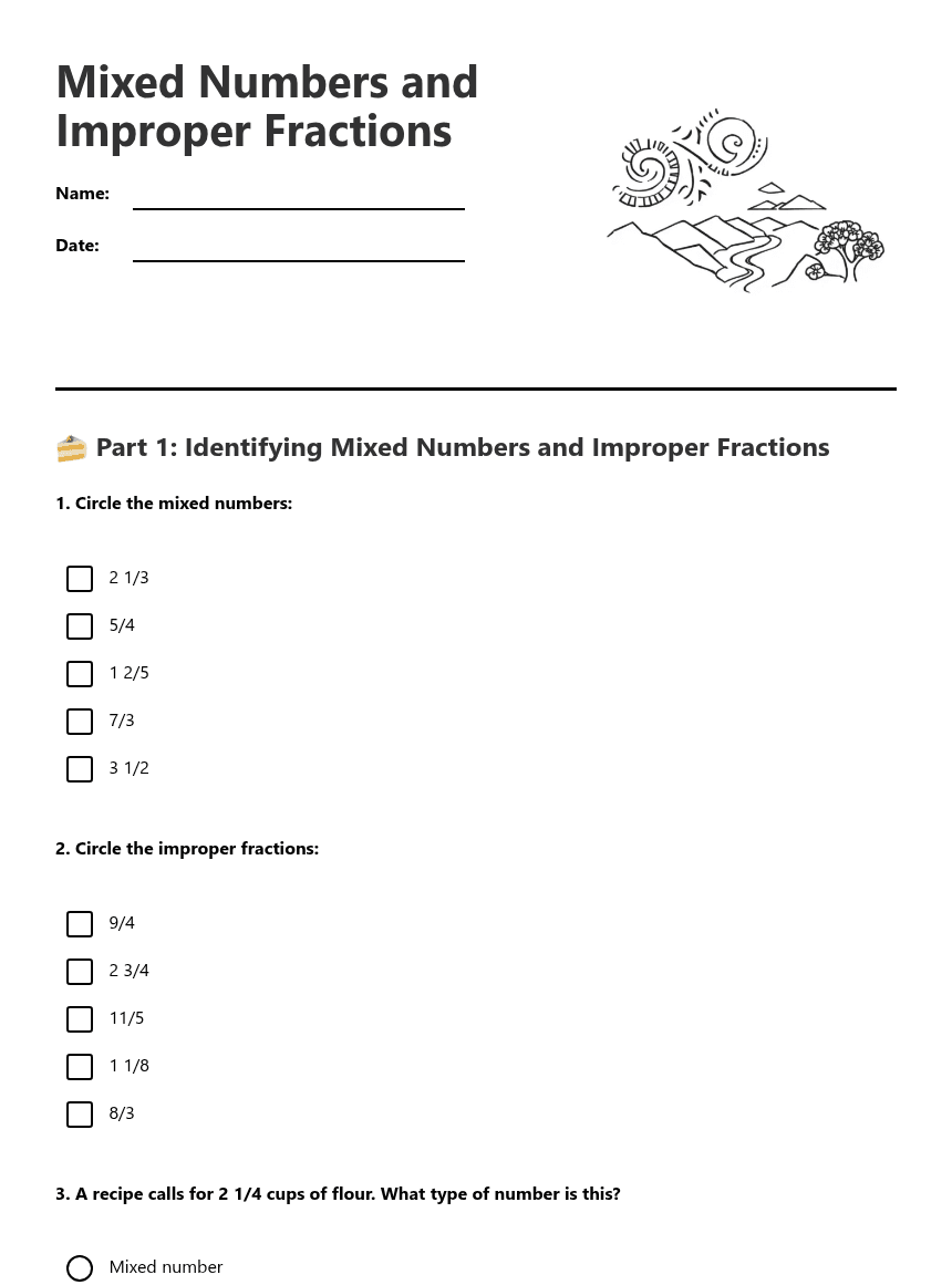 Mixed Numbers and Improper Fractions worksheet preview