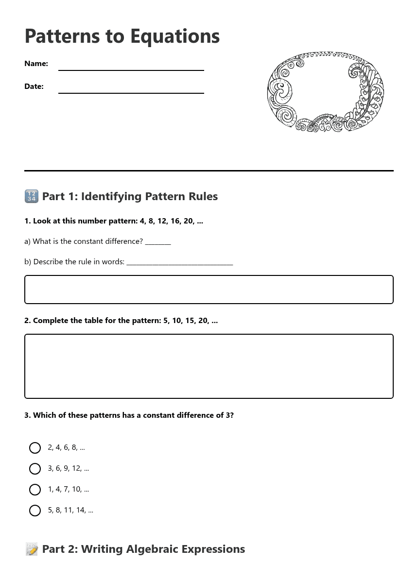 Patterns to Equations worksheet preview