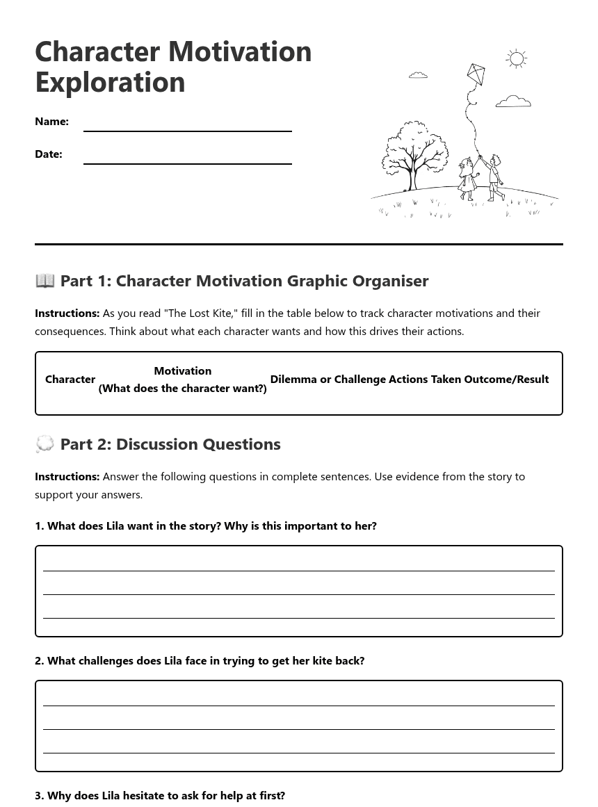 Character Motivation Exploration worksheet preview