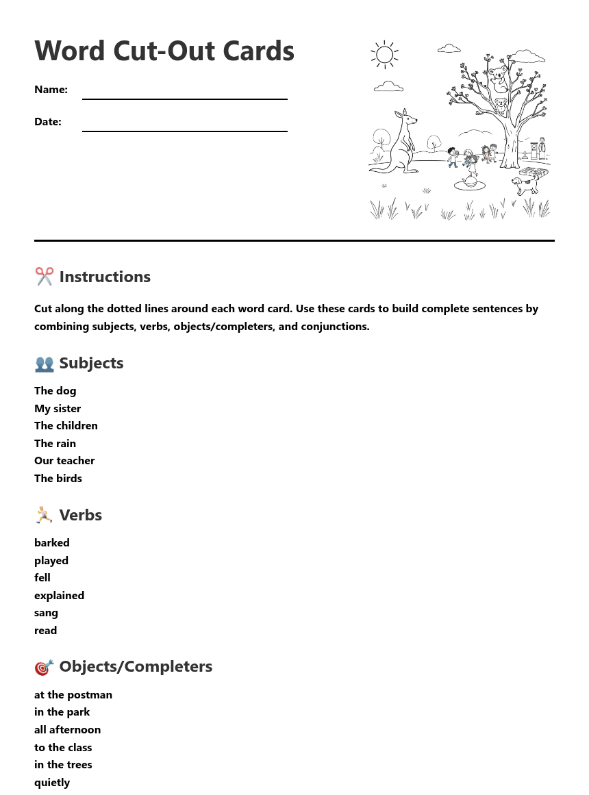 Word Cut-Out Cards worksheet preview