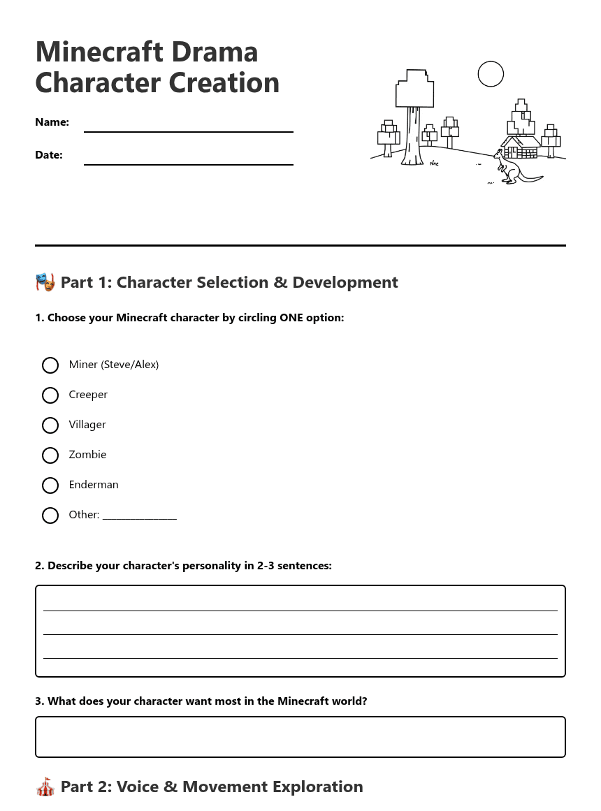 Minecraft Drama Character Creation worksheet preview