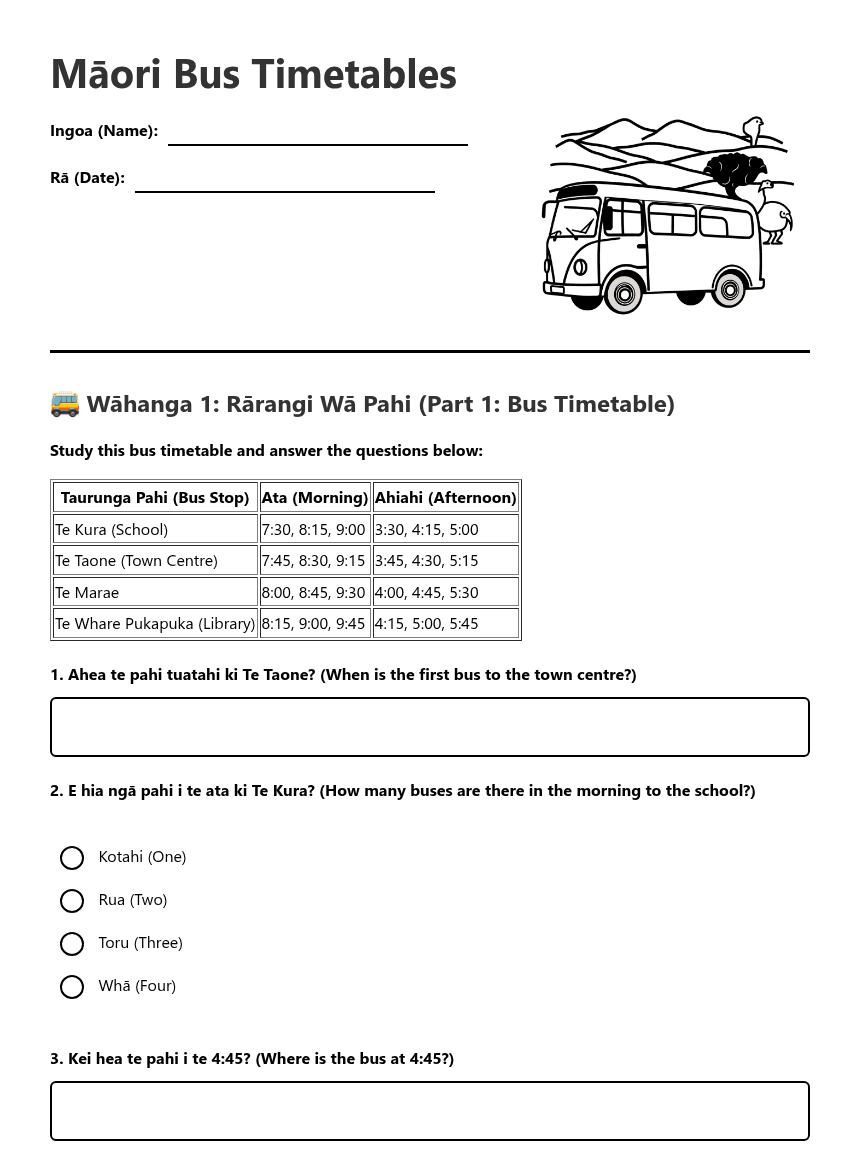 Māori Bus Timetables worksheet preview
