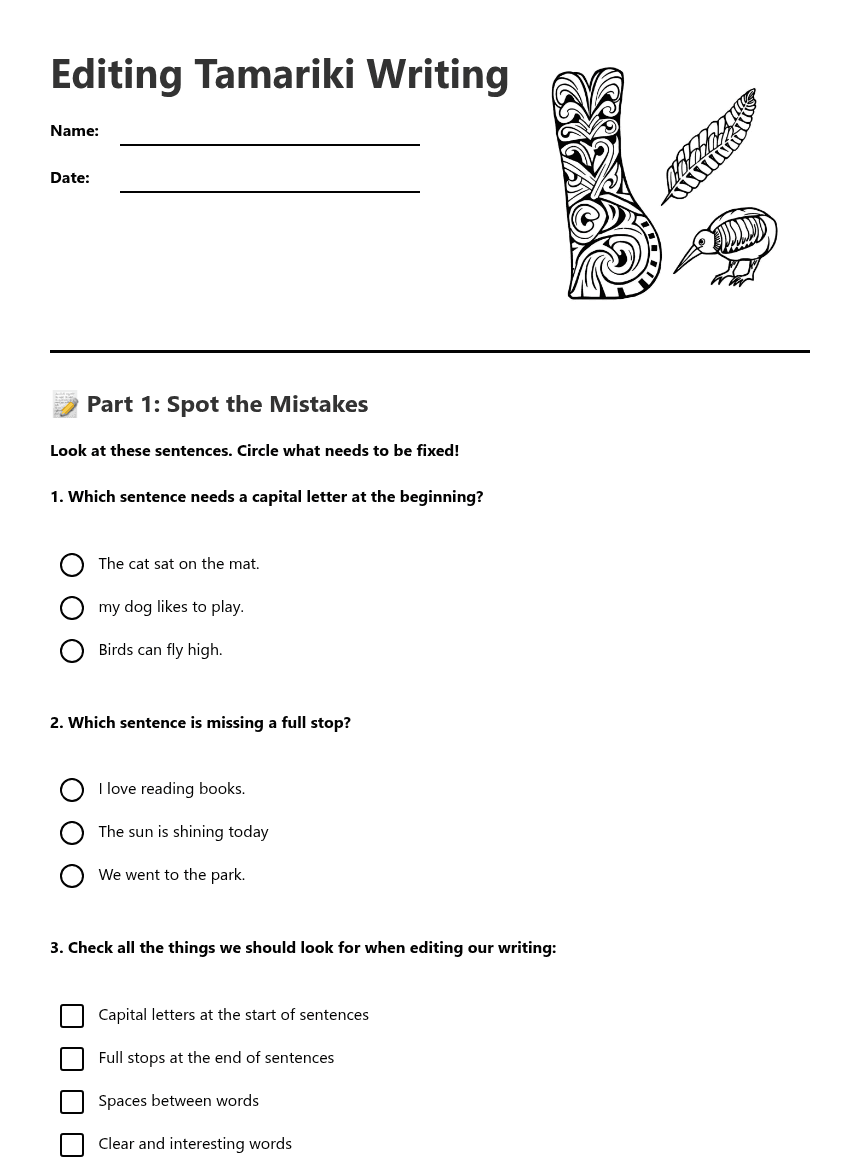 Editing Tamariki Writing worksheet preview