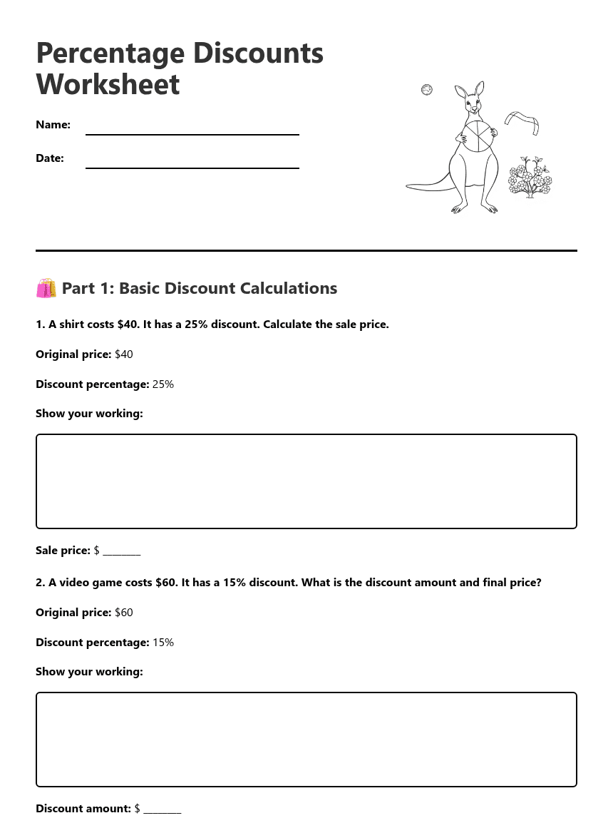 Percentage Discounts Worksheet worksheet preview
