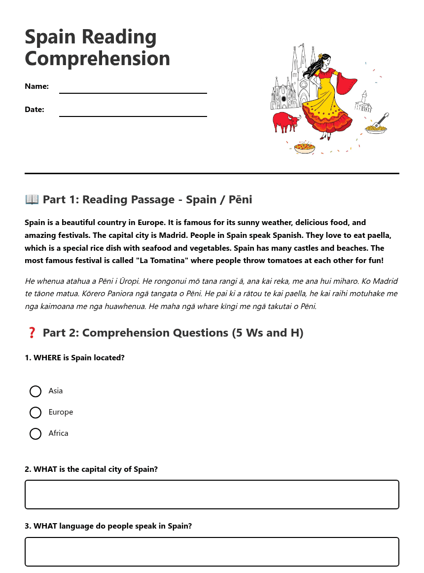 Spain Reading Comprehension worksheet preview