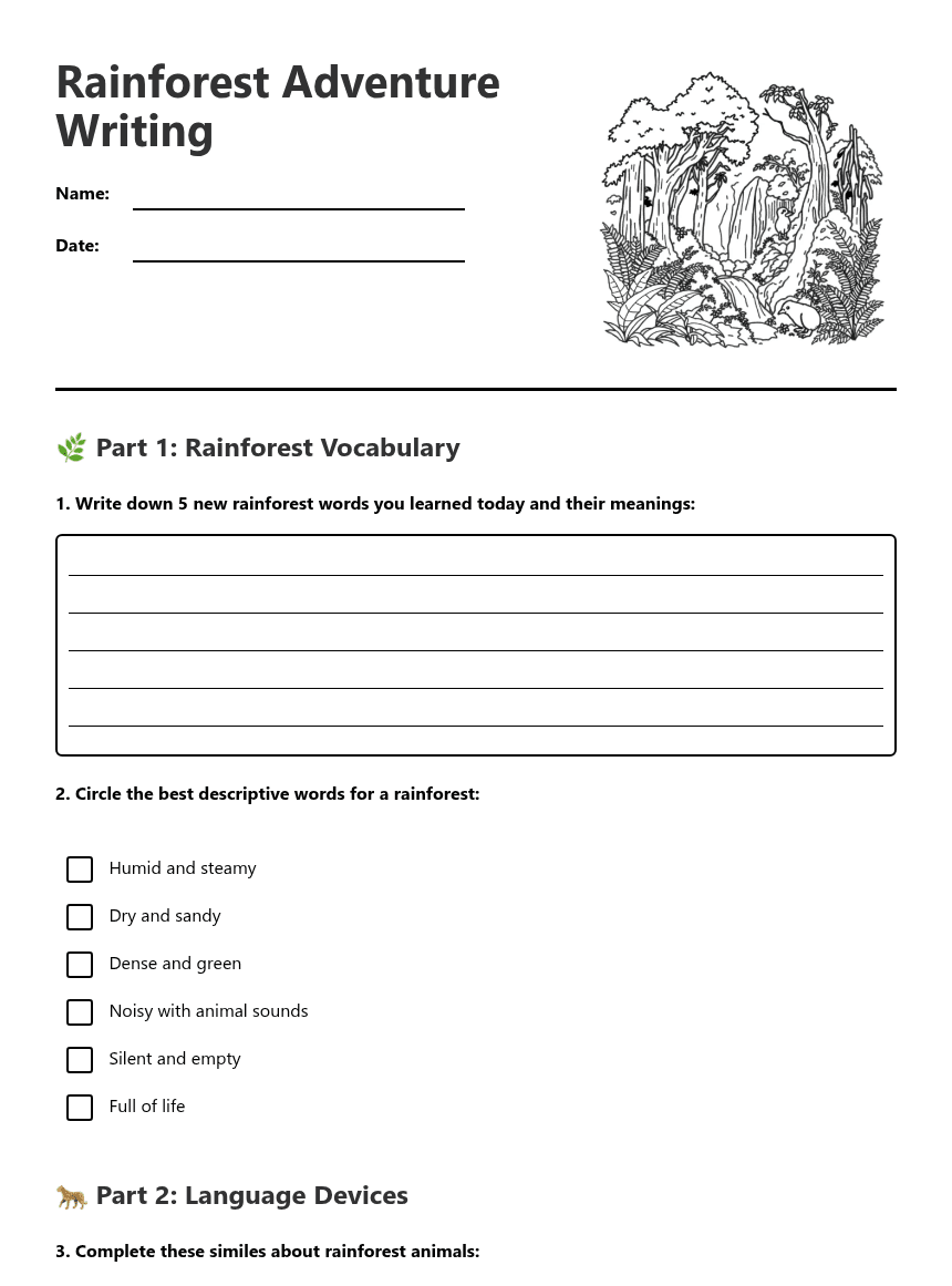 Rainforest Adventure Writing worksheet preview