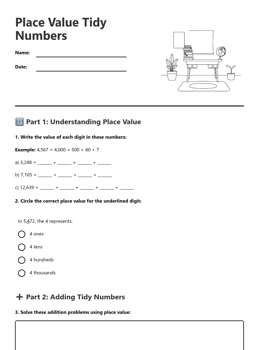 Place Value Tidy Numbers worksheet preview