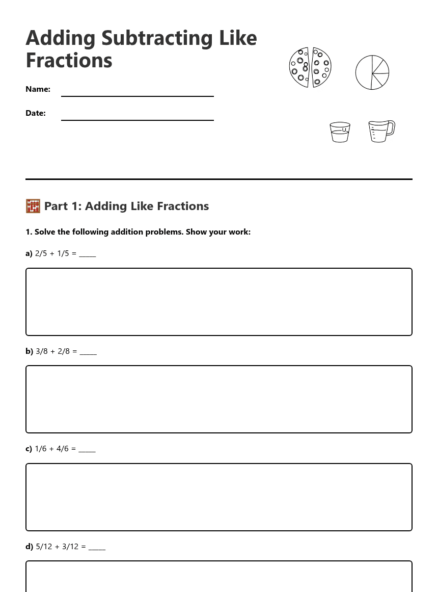 Adding Subtracting Like Fractions worksheet preview