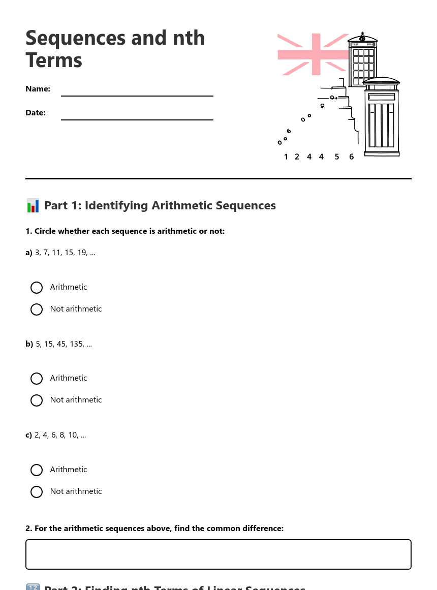 Sequences and nth Terms worksheet preview