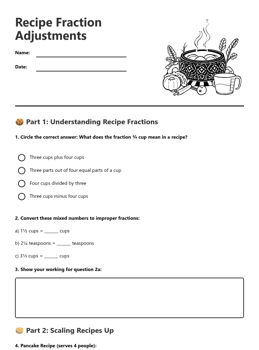Recipe Fraction Adjustments worksheet preview