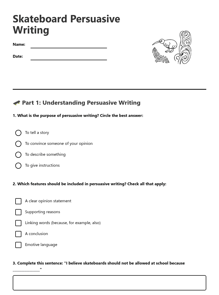 Skateboard Persuasive Writing worksheet preview