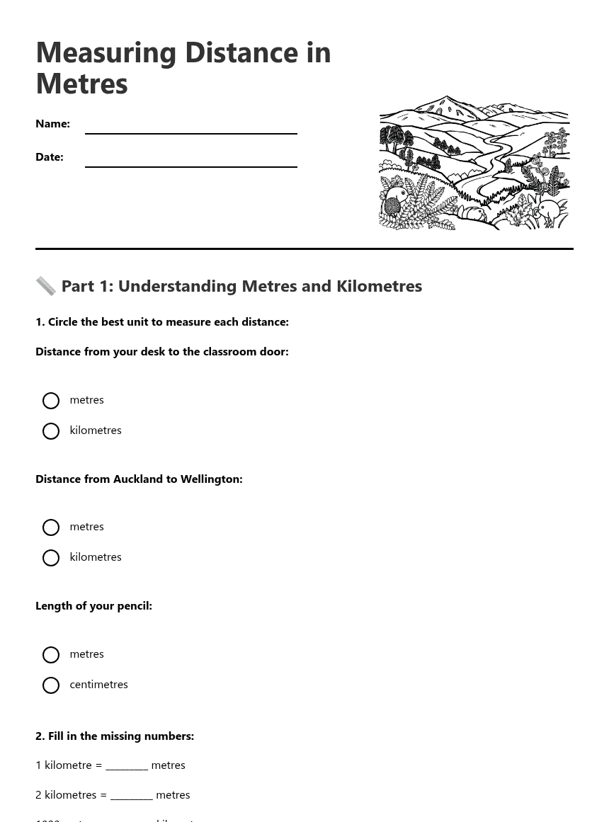 Measuring Distance in Metres worksheet preview