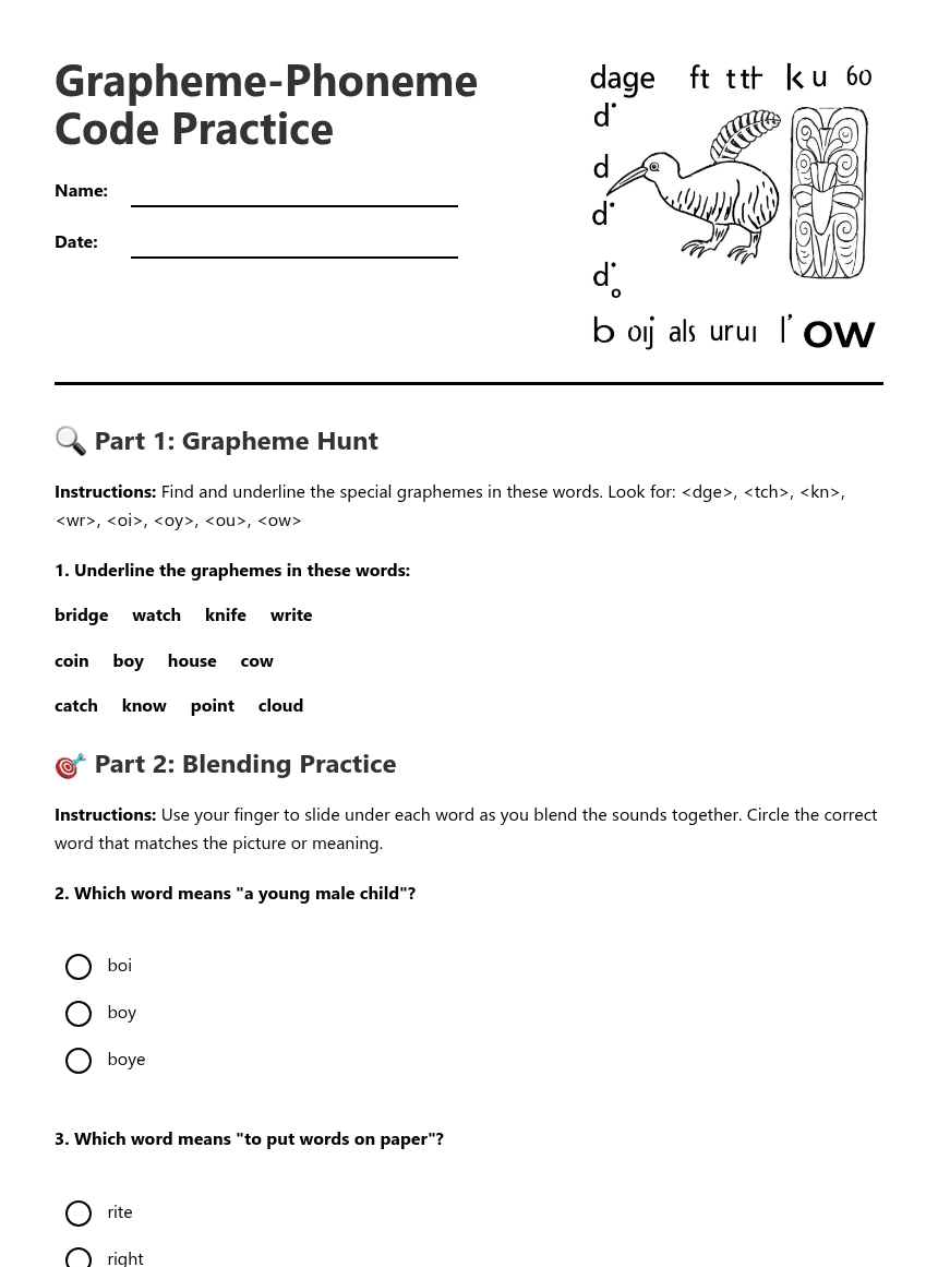 Grapheme-Phoneme Code Practice worksheet preview