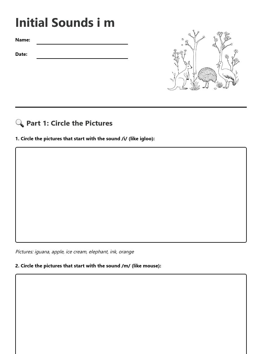 Initial Sounds i m worksheet preview