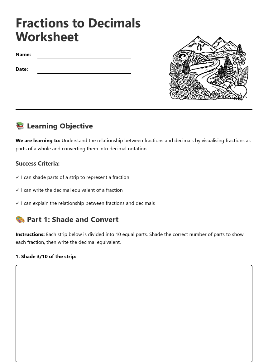 Fractions to Decimals Worksheet worksheet preview