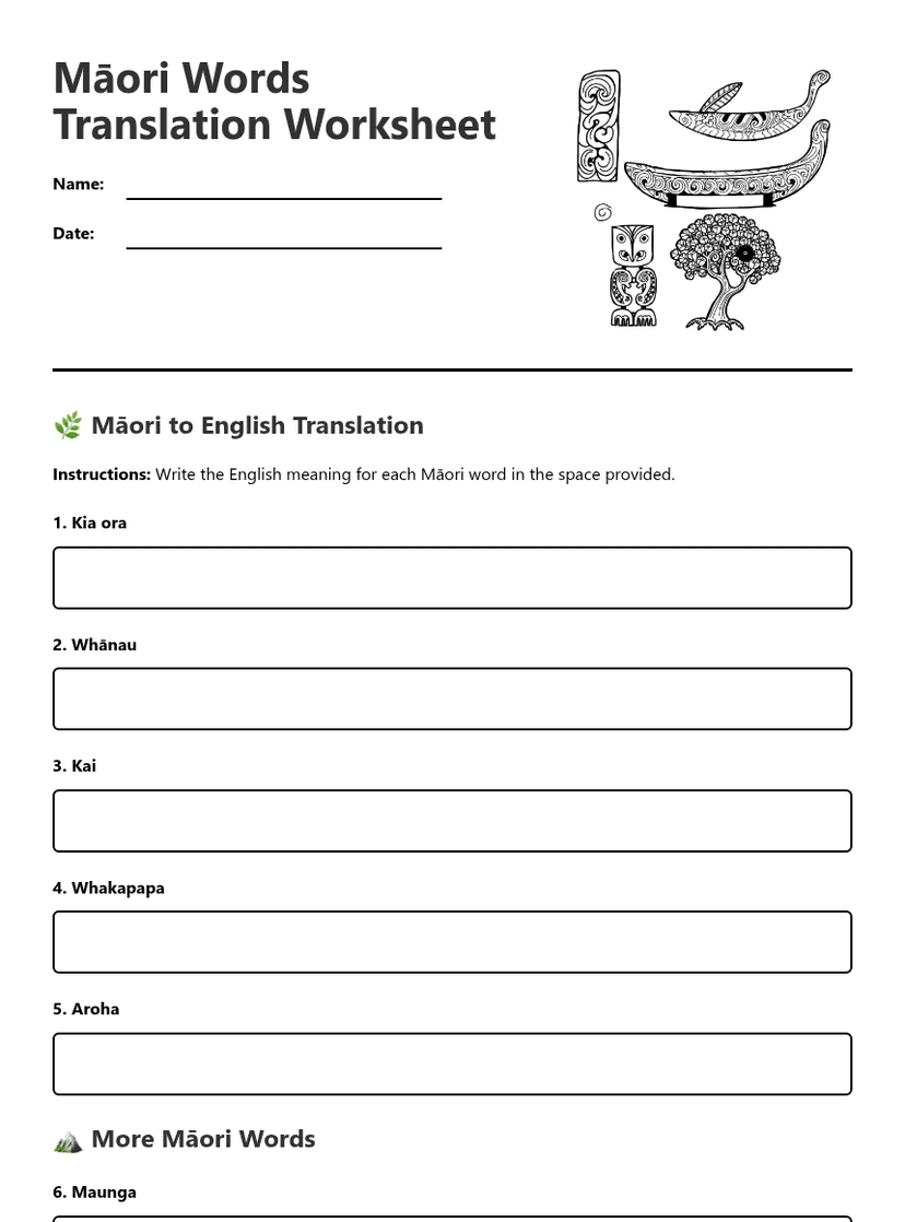 Maori Words Translation Worksheet