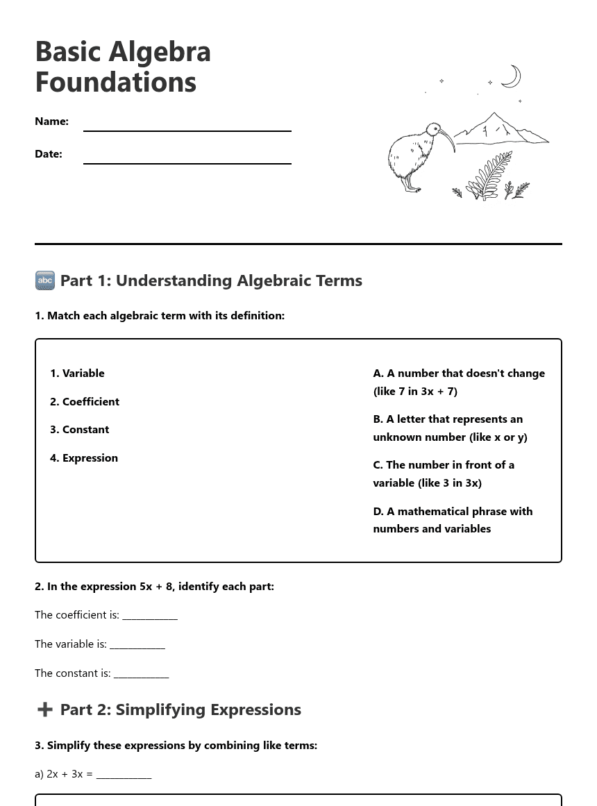 Basic Algebra Foundations worksheet preview
