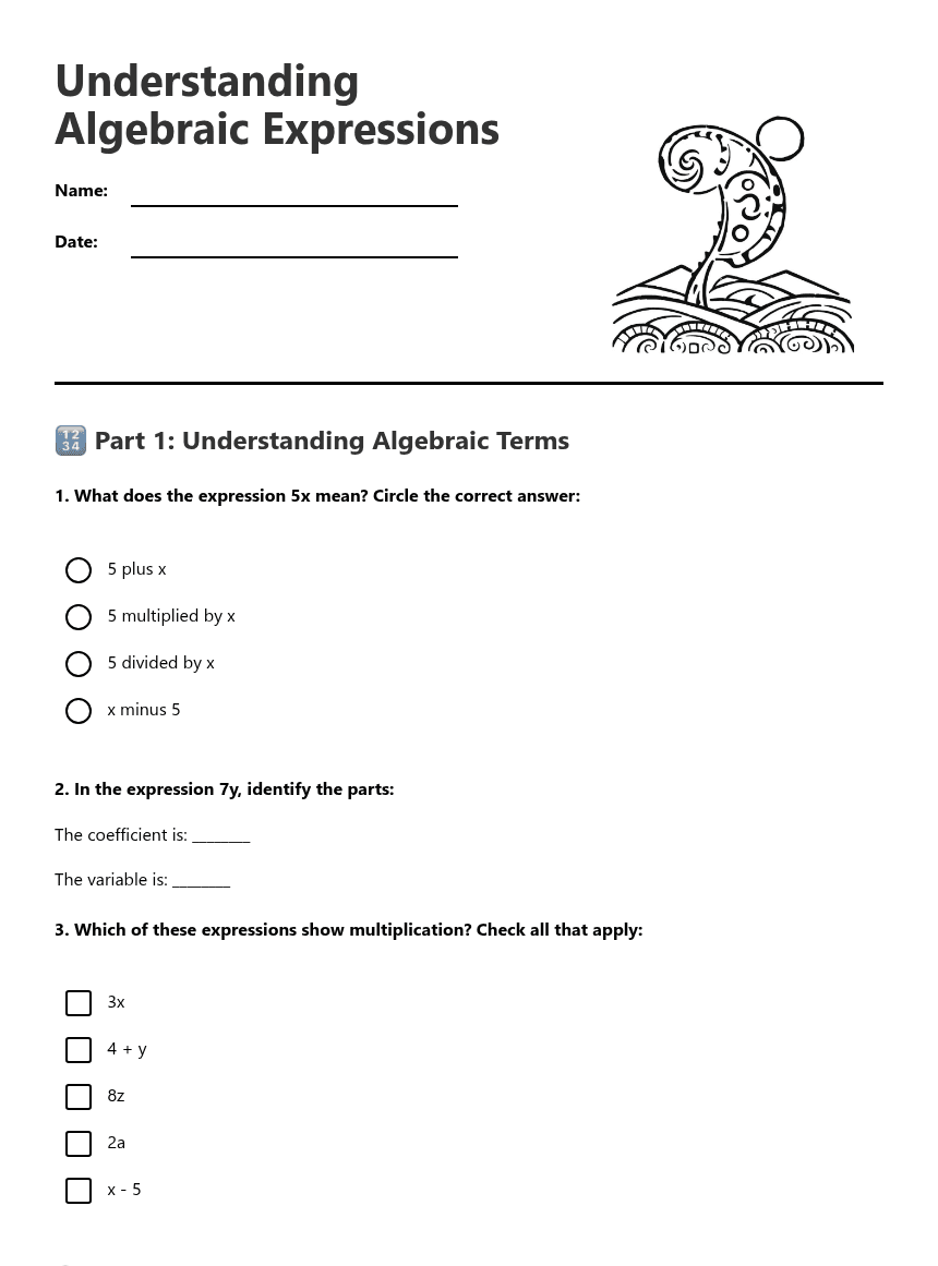Understanding Algebraic Expressions worksheet preview