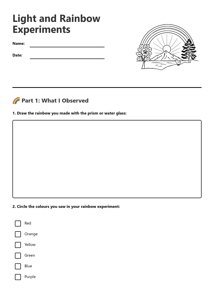 Light and Rainbow Experiments worksheet preview