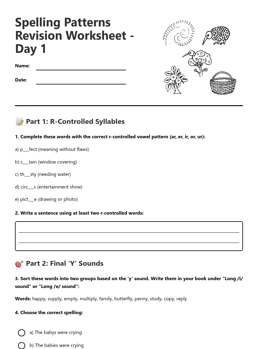 Spelling Patterns Revision Worksheet worksheet preview