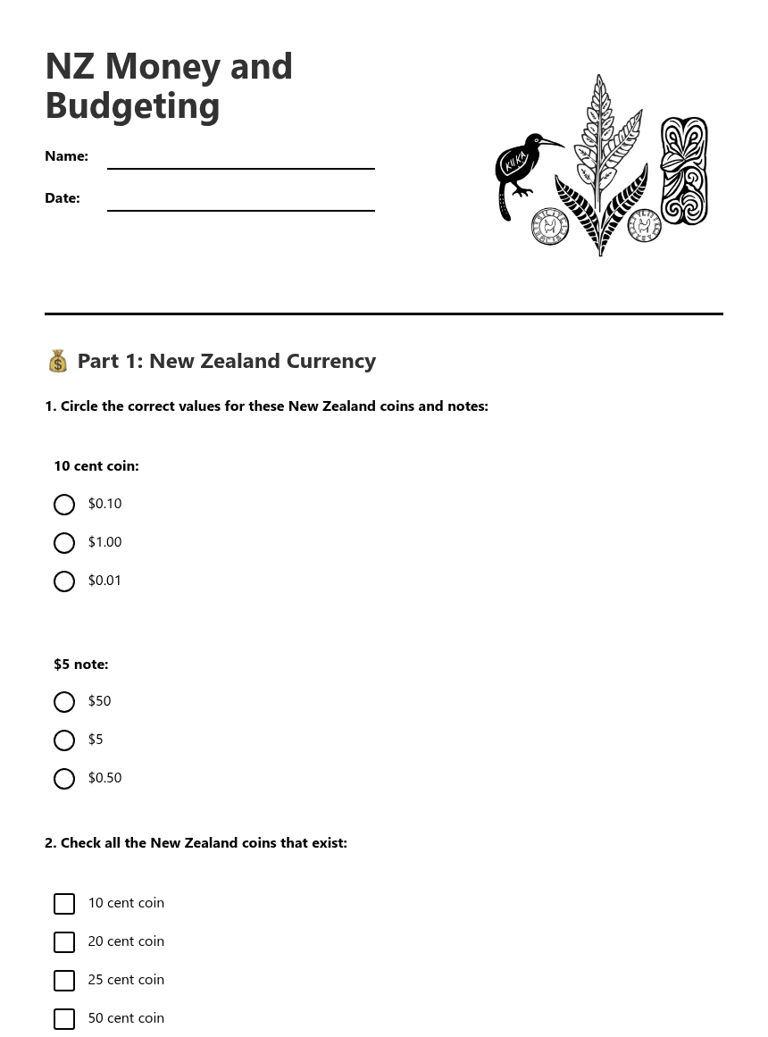 NZ Money and Budgeting worksheet preview