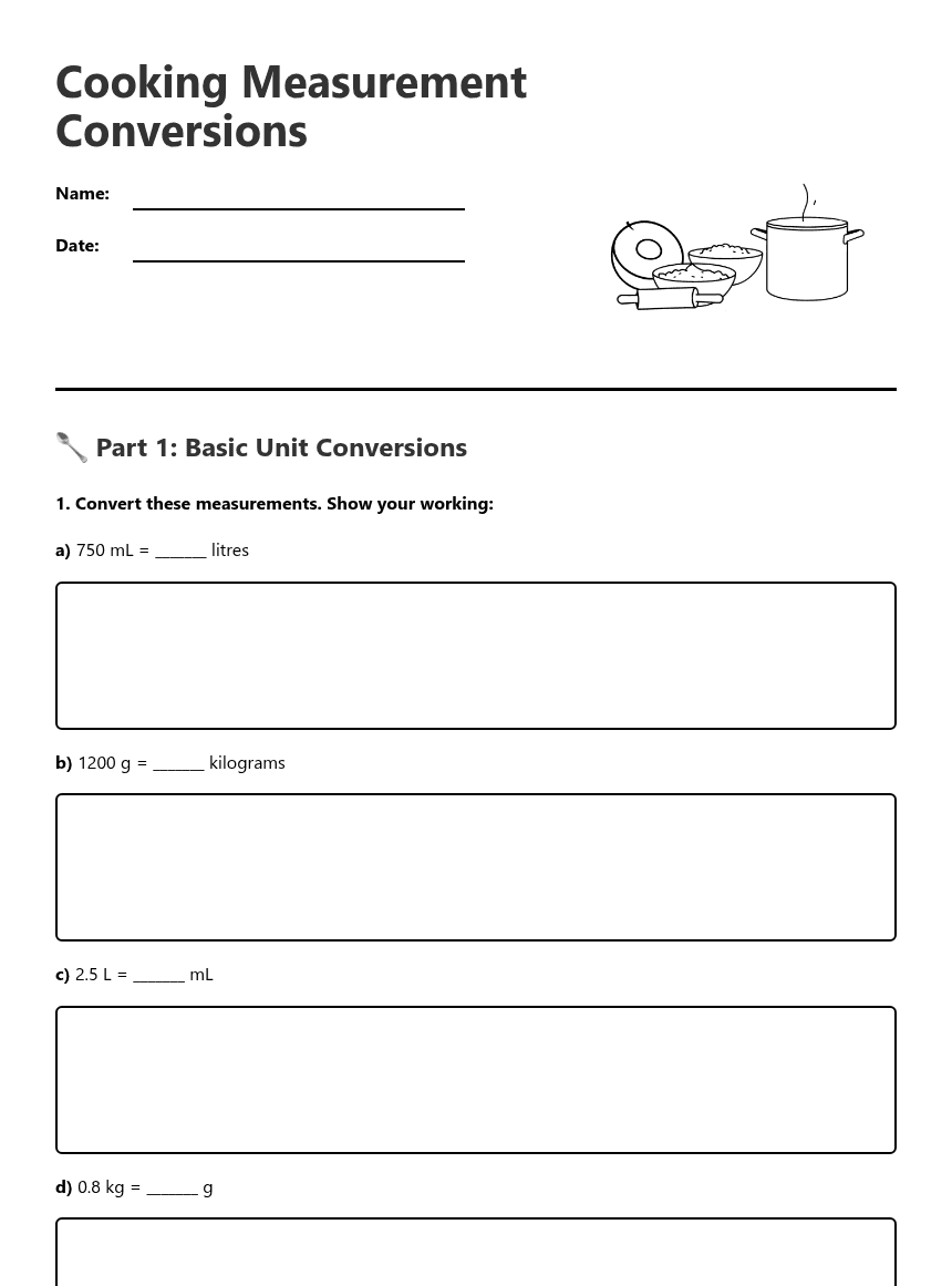 Cooking Measurement Conversions worksheet preview