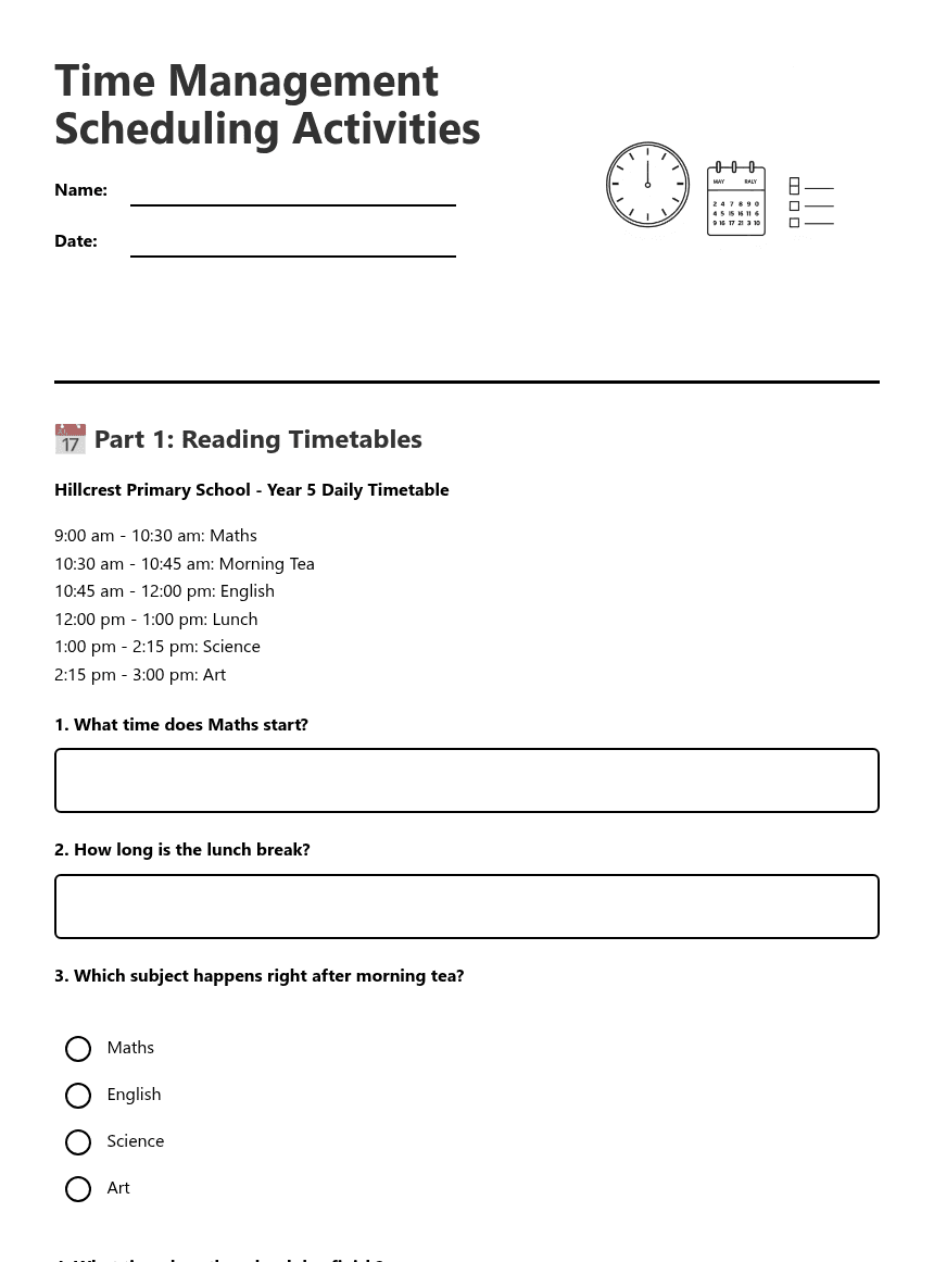 Time Management Scheduling Activities worksheet preview