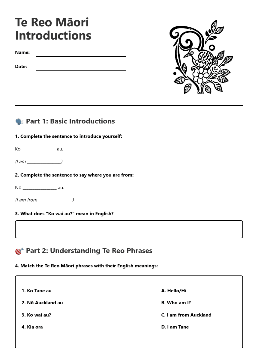 Te Reo Māori Introductions worksheet preview
