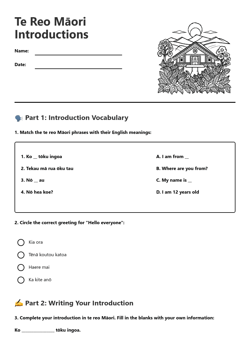 Te Reo Māori Introductions worksheet preview