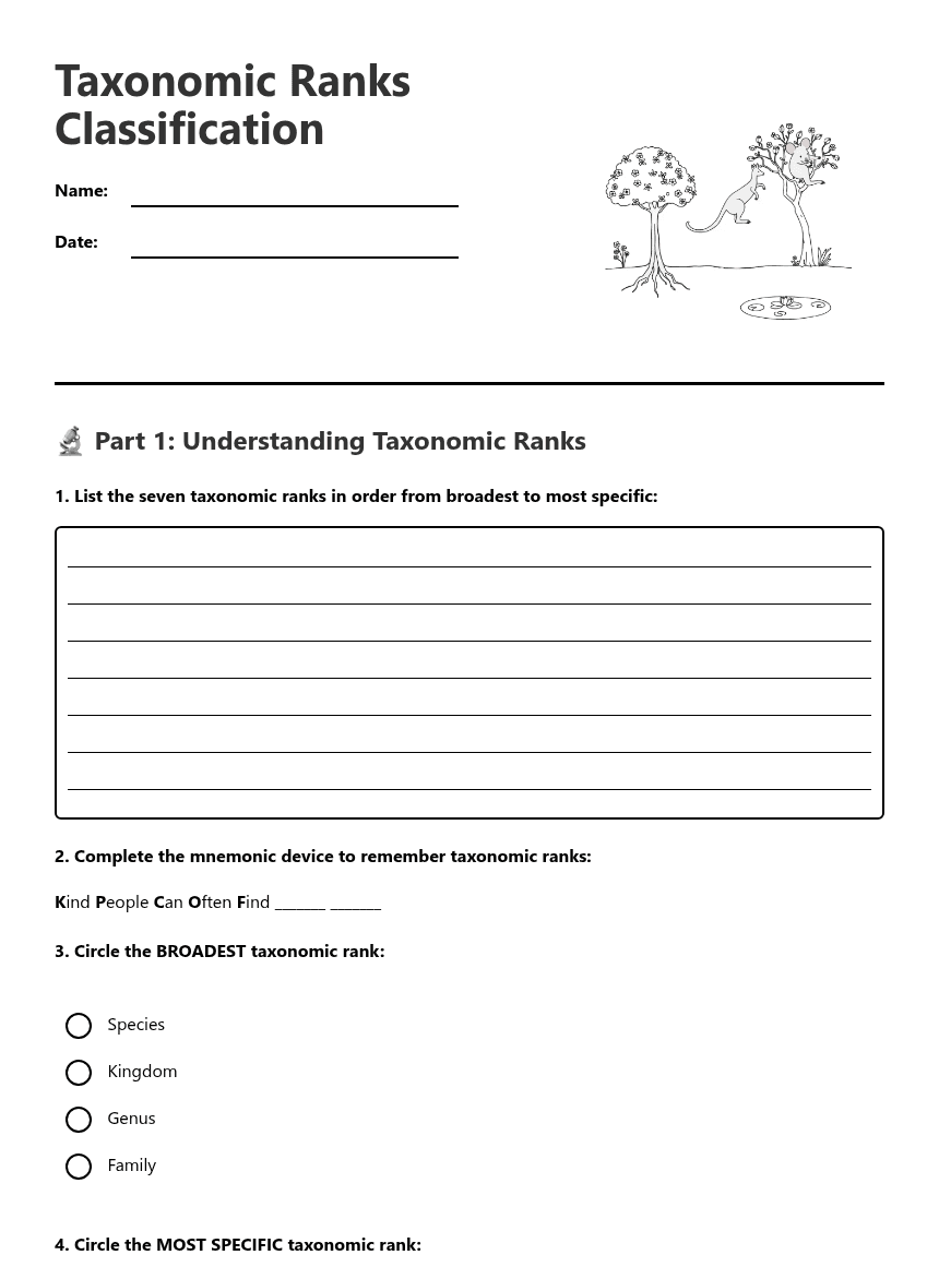 Taxonomic Ranks Classification worksheet preview