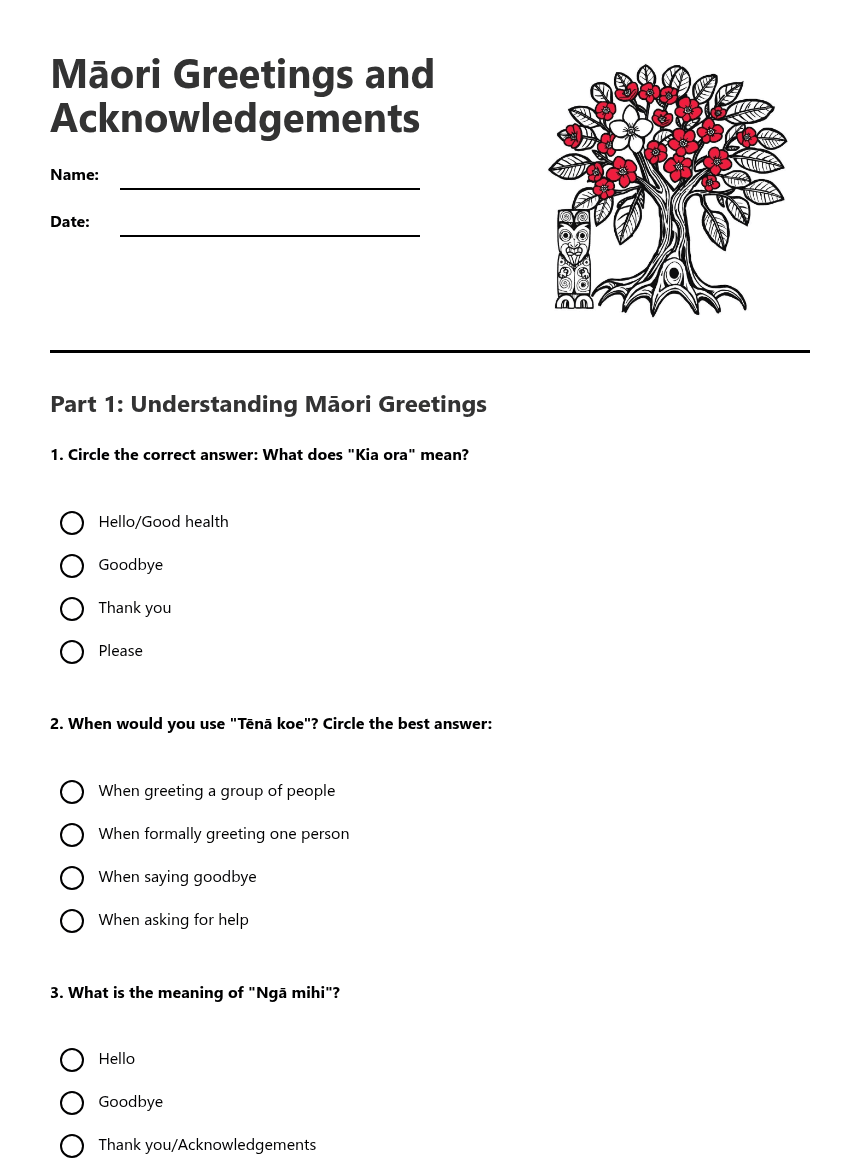 Māori Greetings and Acknowledgements worksheet preview